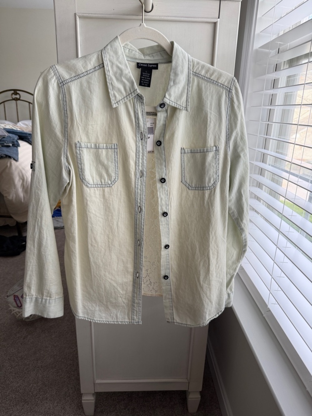 Cotton Express Button-Down Shirt with Contrast Stitching and Lace Back
